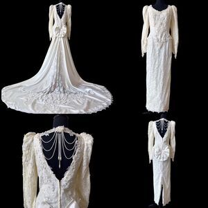 VTG 90s Beaded Pearl Caged Back Puff Sleeve Column Wedding Dress Sz 16 Bow Train